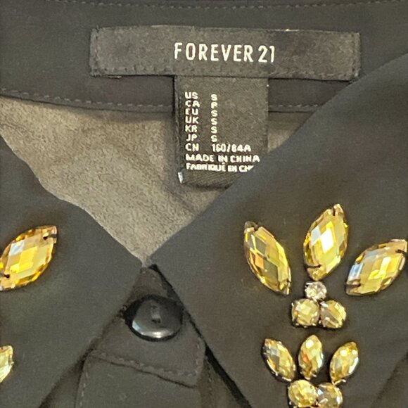 FOREVER 21 Sheer Black Blouse Top Size Small Long Sleeves Button Down Bling - Picture 4 of 6